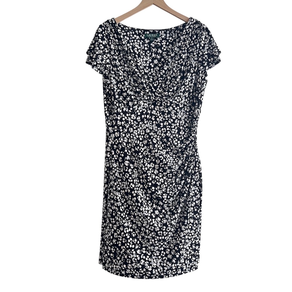 Lauren Ralph Lauren Faux Wrap Dress 16P Black White Geometric Ruched Office EUC